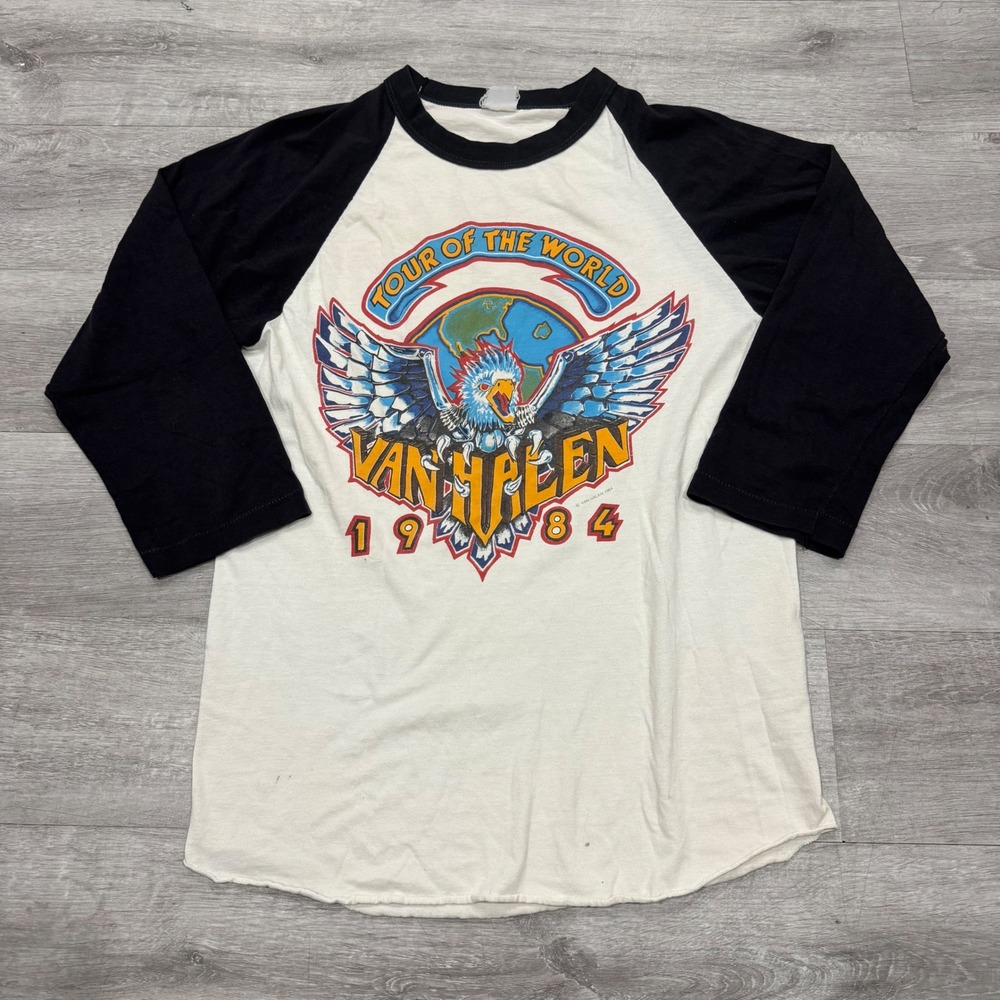 Vintage Van Halen 1984 Tour of the World Raglan Shirt 3/4 Sleeve Black White Med